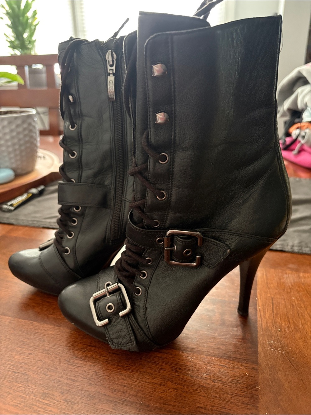 Guess Women's Black Leather Lace-Up Buckle High-Heel Ankle Boots Size 7